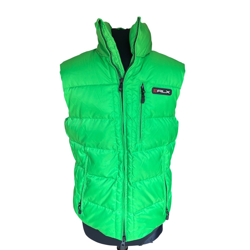 RLX Ralph Lauren Mens Down Puffer Vest Neon Green Quilted Full Zip Small